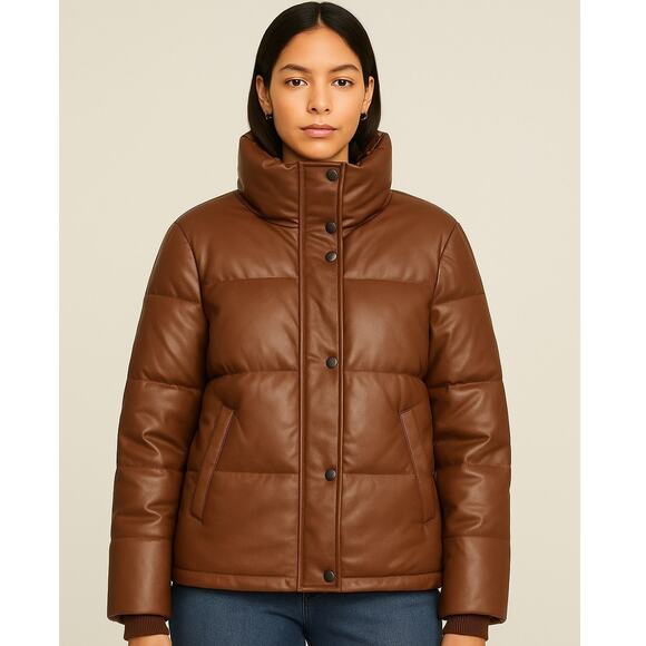 BCBGMaxAzria Vegan Leather Puffer Coat in Cocoa Brown - Picture 1 of 9